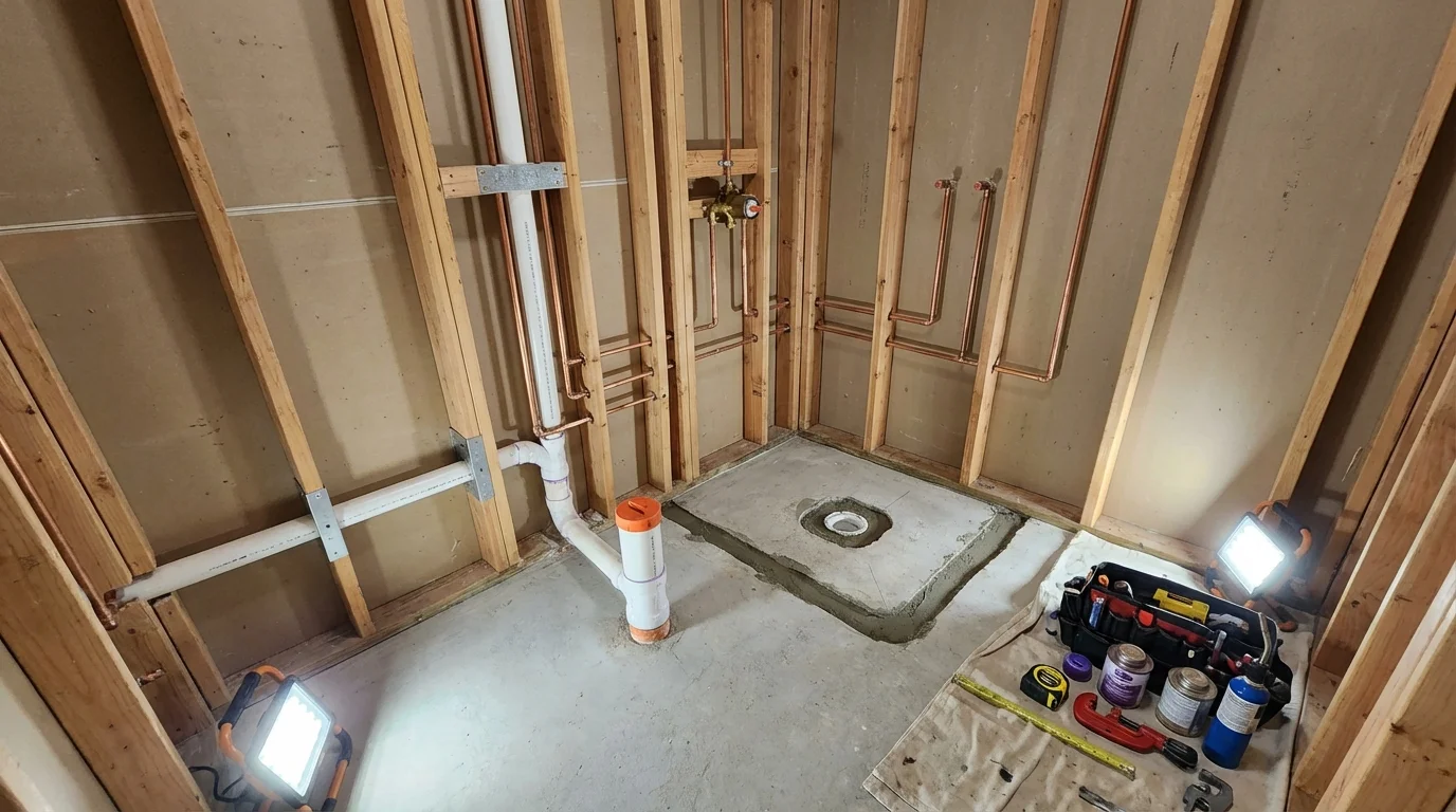Bathroom rough-in plumbing during remodel by Johns Plumbing LLC in Laingsburg