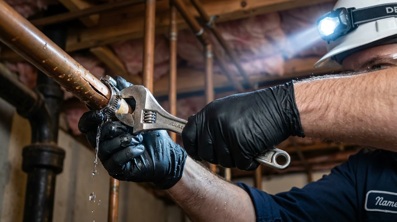 Emergency pipe clamp repair being performed by a Johns Plumbing LLC plumber in Laingsburg