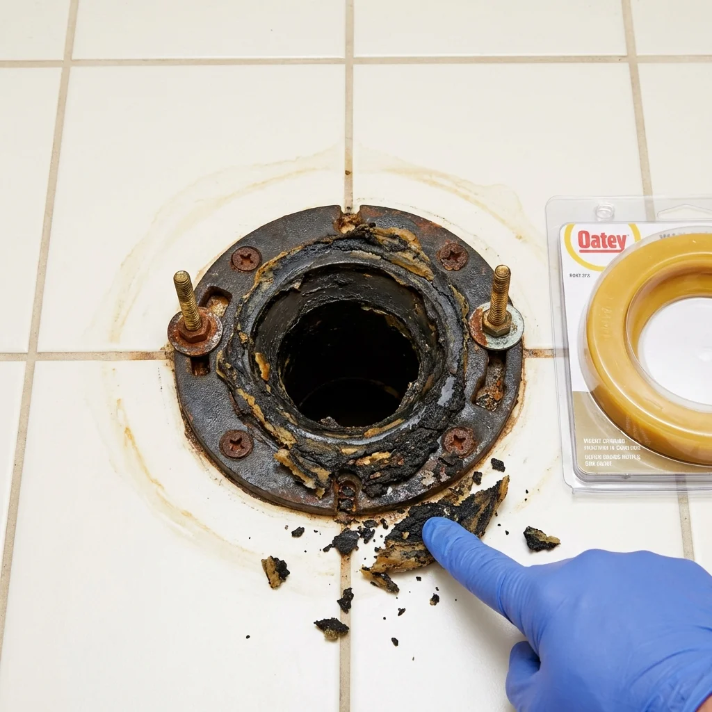 Failed wax ring showing water seepage at the base of a toilet in a Laingsburg, MI home