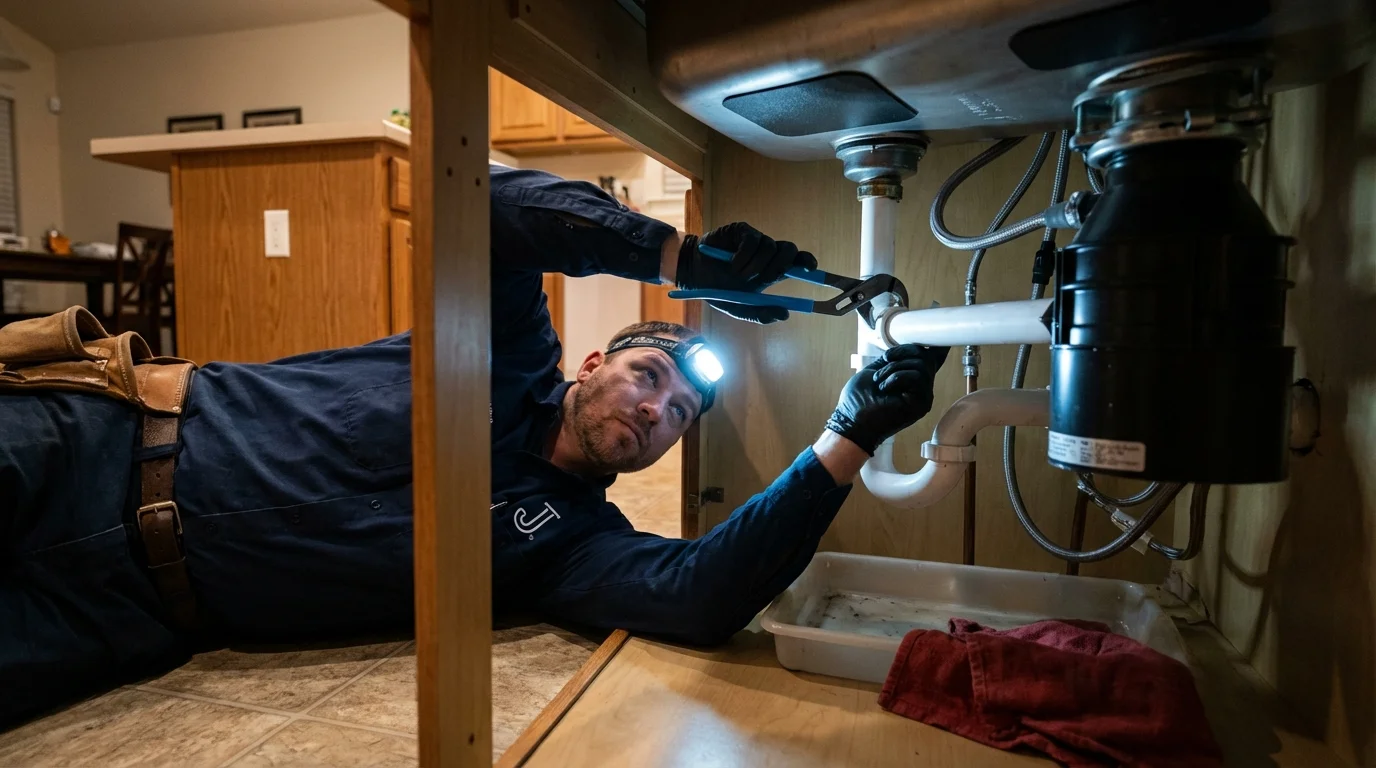 P-trap and supply line connections under a kitchen sink showing a common leak point in Laingsburg, MI